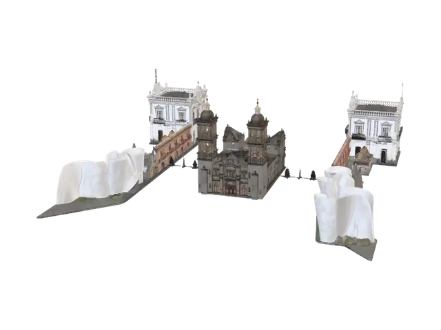 Sunset Over the Twin Bell Towers Plaza 3D model, vytvořený pomocí AI