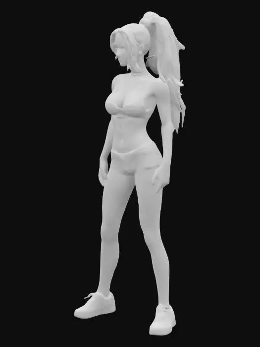 3D model for Sexy Young woman, pretty, bikini, skimpy shorts, trainers, ultra detailed body, high detailed face, high definition, defined eyes, hard edges, angular, sharp, defined, ponytail hair, sexy makeup, beautiful face