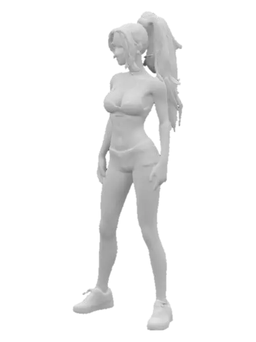 3D model for Sexy Young woman, pretty, bikini, skimpy shorts, trainers, ultra detailed body, high detailed face, high definition, defined eyes, hard edges, angular, sharp, defined, ponytail hair, sexy makeup, beautiful face