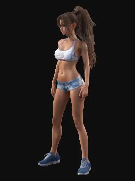 3D model for Sexy Young woman, pretty, bikini, skimpy shorts, trainers, ultra detailed body, high detailed face, high definition, defined eyes, hard edges, angular, sharp, defined, ponytail hair, sexy makeup, beautiful face