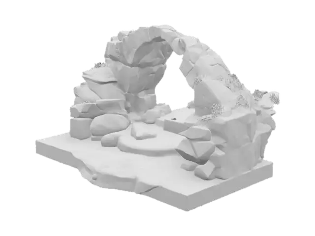 3D model for highly realistic diorama showcasing a natural stone arch over a fast-moving river. The arch is constructed from rugged, weathered rocks with patches of moss and grass growing in the crevices, adding to the lifelike texture and age.

Below the arch, whitewater rapids rush over rounded stones, with clear resin used to convincingly simulate the dynamic flow of water. The river appears turbulent and energetic, cascading toward the front of the diorama and spilling slightly over the wooden base edge, enhancing the illusion of motion.