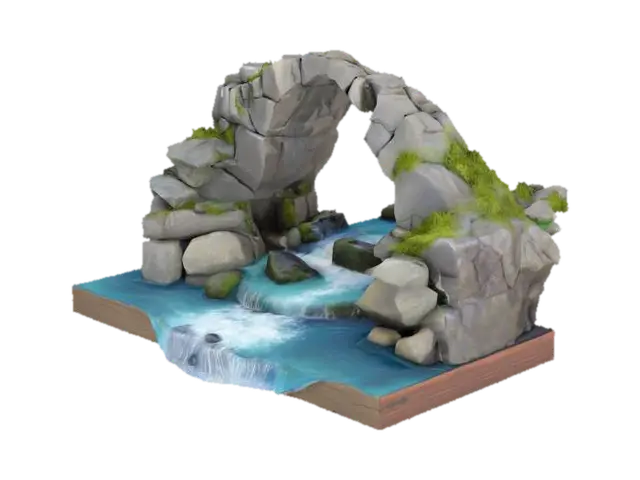 3D model for highly realistic diorama showcasing a natural stone arch over a fast-moving river. The arch is constructed from rugged, weathered rocks with patches of moss and grass growing in the crevices, adding to the lifelike texture and age.

Below the arch, whitewater rapids rush over rounded stones, with clear resin used to convincingly simulate the dynamic flow of water. The river appears turbulent and energetic, cascading toward the front of the diorama and spilling slightly over the wooden base edge, enhancing the illusion of motion.