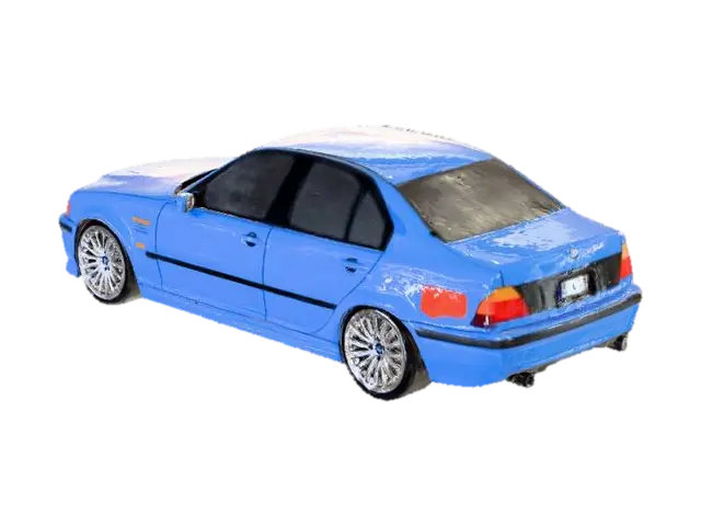 Create a highly detailed BMW E46 sedan in realistic 3D, painted in vibrant blue,… 3D model, vytvořený pomocí AI