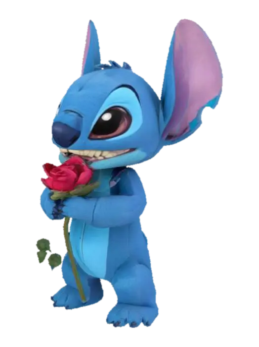 Stitch holding a large rose 3D model, vytvořený pomocí AI