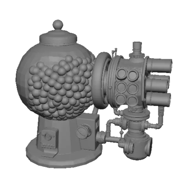 3D model for Asymmetrical gumball machine Gatling gun, whimsical experimental weapon, oversized vintage red cast-iron gumball machine forms the central body, large glass globe filled with colorful gumballs, six-barrel rotary Gatling cannon mounted only on the right side, exposed high-voltage purple energy reactor mounted only on the left side, brass gears, copper piping, steel brackets, industrial bolts, pressure valves, heavy mechanical housing, worn painted metal, scratched steel, realistic glass, playful but deadly, kitbashed from everyday objects, one-sided construction, intentionally uneven silhouette, no symmetry, no mirrored parts, no balanced design, hard-surface mechanical asset, ultra-detailed, game-ready prop, high-poly, realistic PBR materials, isolated object, centered