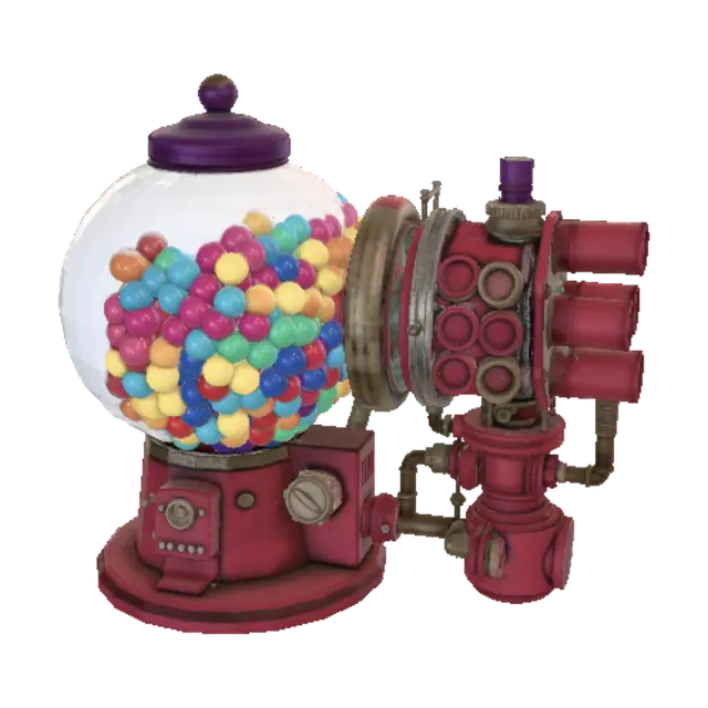 3D model for Asymmetrical gumball machine Gatling gun, whimsical experimental weapon, oversized vintage red cast-iron gumball machine forms the central body, large glass globe filled with colorful gumballs, six-barrel rotary Gatling cannon mounted only on the right side, exposed high-voltage purple energy reactor mounted only on the left side, brass gears, copper piping, steel brackets, industrial bolts, pressure valves, heavy mechanical housing, worn painted metal, scratched steel, realistic glass, playful but deadly, kitbashed from everyday objects, one-sided construction, intentionally uneven silhouette, no symmetry, no mirrored parts, no balanced design, hard-surface mechanical asset, ultra-detailed, game-ready prop, high-poly, realistic PBR materials, isolated object, centered