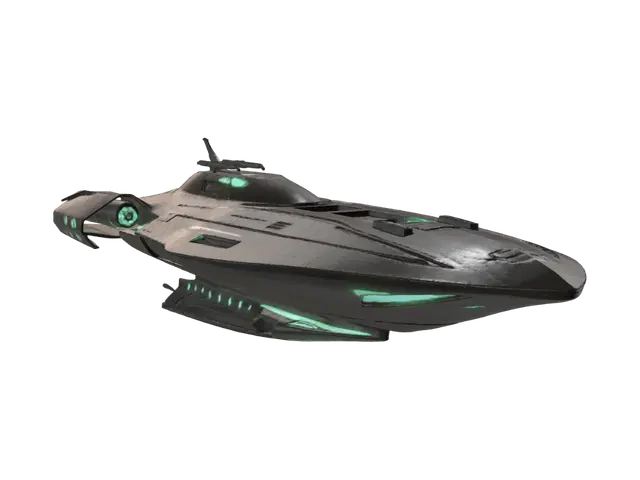 3D model for sleek corvette-class patrol ship cutting through the upper atmosphere of a gas giant. The vessel features a smooth, organic yet sharp hull design that tapers into a wide, split-tail section containing cluster thrusters emitting a green ion glow. The hull is composed of brushed dark titanium with bright teal decorative light lines running along its spine. Requirement: Medium starship model, emphasize the elegant, flowing curves combined with crisp, hard-edged panel details.