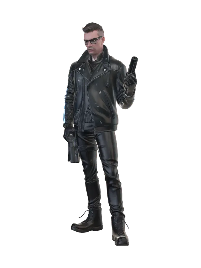 3D model for cyberpunk street mercenary standing in a sharp, confident pose on a rain-slicked asphalt base reflecting neon light. He wears a heavy, oversized asymmetric oilskin jacket with illuminated cyan fiber-optic seams and a high collar. His mechanical prosthetic right arm is crafted from matte black carbon fiber. He holds a compact, angular futuristic submachine gun with an integrated holographic sight. Requirement: Edgy cyberpunk character model, focus on the contrast between the matte jacket fabric and the intense, sharp neon reflections on wet surfaces.