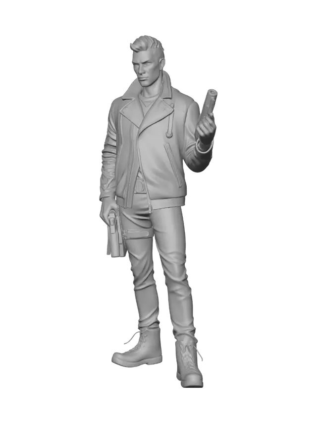3D model for cyberpunk street mercenary standing in a sharp, confident pose on a rain-slicked asphalt base reflecting neon light. He wears a heavy, oversized asymmetric oilskin jacket with illuminated cyan fiber-optic seams and a high collar. His mechanical prosthetic right arm is crafted from matte black carbon fiber. He holds a compact, angular futuristic submachine gun with an integrated holographic sight. Requirement: Edgy cyberpunk character model, focus on the contrast between the matte jacket fabric and the intense, sharp neon reflections on wet surfaces.