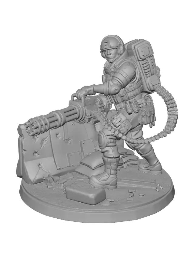 3D model for heavy-weapons female specialist crouching firmly behind a low barricade on a battle-scarred street base. She is equipped with a heavily padded armor vest, multi-layered utility belts, and a mechanical ammo-feed chute extending from her large backpack to a massive, rotating micro-gun with glowing blue barrels. Her face holds an intense, focused expression. Requirement: Tabletop wargaming hero, focus on heavy equipment density and industrial details.