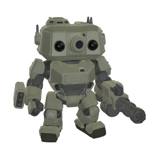 3D model for towering heavy combat mech standing in an aggressive firing stance on a scorched planetary base. The mech features a stocky, low-slung torso armor plate design, massive reverse-jointed legs, and dual arm-mounted rotary autocannons with spent brass shells ejecting in mid-air. Its armor is painted in a matte desert-tan finish with heavy soot weathering around the exhaust vents. Requirement: Mecha miniature model, focus on the rigid geometric panels, visible hydraulic joints, and deep metallic weathering.