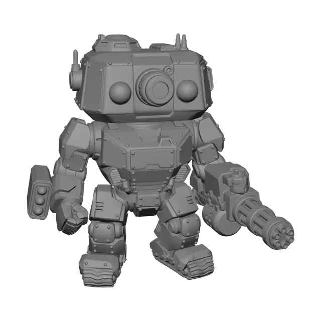 3D model for towering heavy combat mech standing in an aggressive firing stance on a scorched planetary base. The mech features a stocky, low-slung torso armor plate design, massive reverse-jointed legs, and dual arm-mounted rotary autocannons with spent brass shells ejecting in mid-air. Its armor is painted in a matte desert-tan finish with heavy soot weathering around the exhaust vents. Requirement: Mecha miniature model, focus on the rigid geometric panels, visible hydraulic joints, and deep metallic weathering.