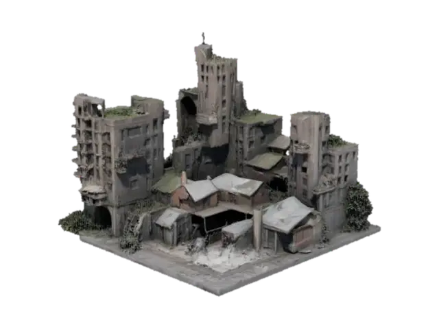 Ruined Buildings (Collapsed skyscrapers, abandoned houses, broken bridges) 3D model, vytvořený pomocí AI