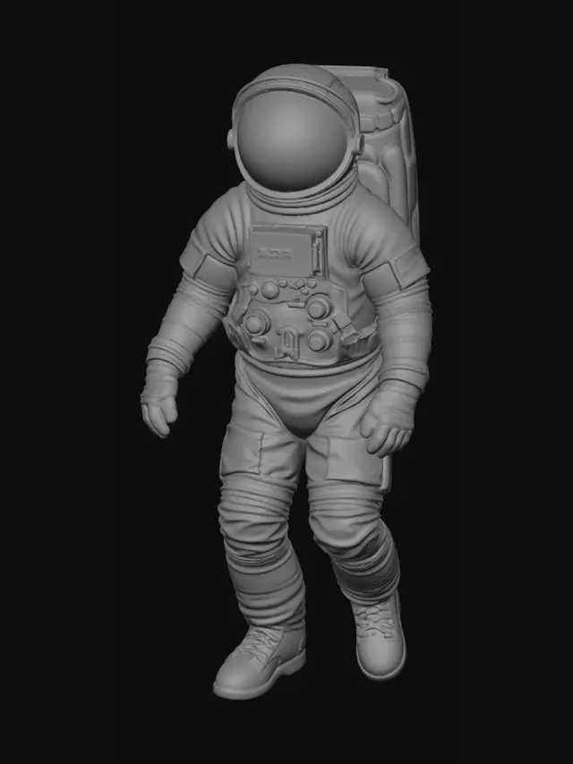 3D model for Hyper-realistic full-body futuristic lunar astronaut standing on a highly detailed moon surface base with grey regolith dust, craters, and authentic Neil Armstrong-style footprints. The space suit features multi-layered pressurized Kevlar fabric textures with realistic folds, integrated life support system (PLSS) on the back with glowing cyan status monitors, and brushed aluminum buckles. A large, high-gloss gold-tinted reflective visor showing a crisp reflection of the distant Earth and a star-filled void. Authentic golden MLI (Multi-Layer Insulation) foil accents on the backpack and suit joints. Stark high-contrast lunar lighting with deep shadows, 8k ultra-high resolution, ray-tracing, Unreal Engine 5 render, PBR materials, cinematic sci-fi masterpiece.