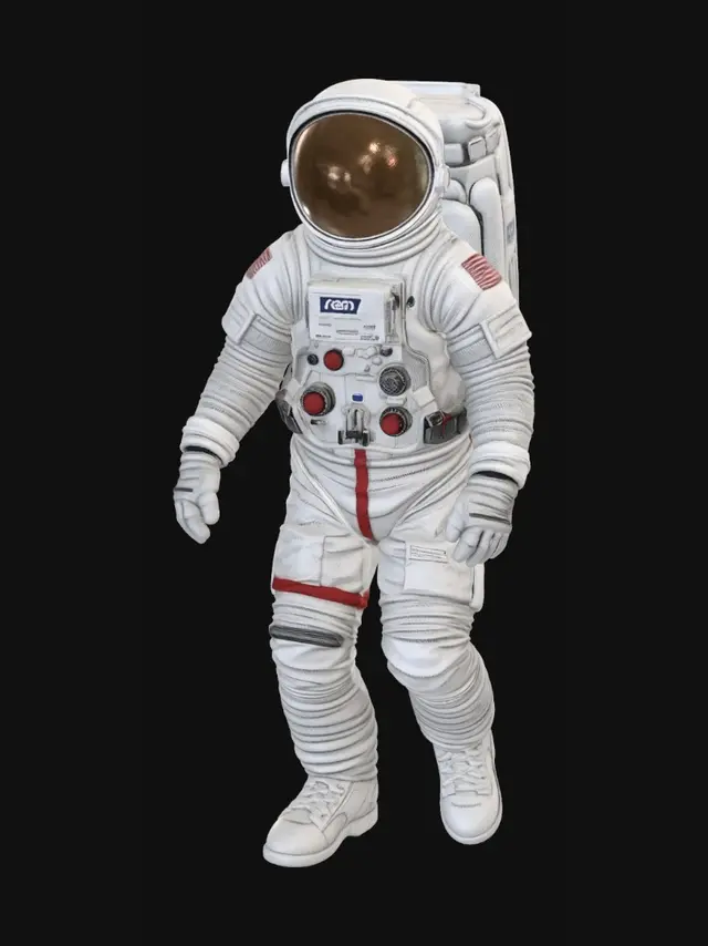 3D model for Hyper-realistic full-body futuristic lunar astronaut standing on a highly detailed moon surface base with grey regolith dust, craters, and authentic Neil Armstrong-style footprints. The space suit features multi-layered pressurized Kevlar fabric textures with realistic folds, integrated life support system (PLSS) on the back with glowing cyan status monitors, and brushed aluminum buckles. A large, high-gloss gold-tinted reflective visor showing a crisp reflection of the distant Earth and a star-filled void. Authentic golden MLI (Multi-Layer Insulation) foil accents on the backpack and suit joints. Stark high-contrast lunar lighting with deep shadows, 8k ultra-high resolution, ray-tracing, Unreal Engine 5 render, PBR materials, cinematic sci-fi masterpiece.