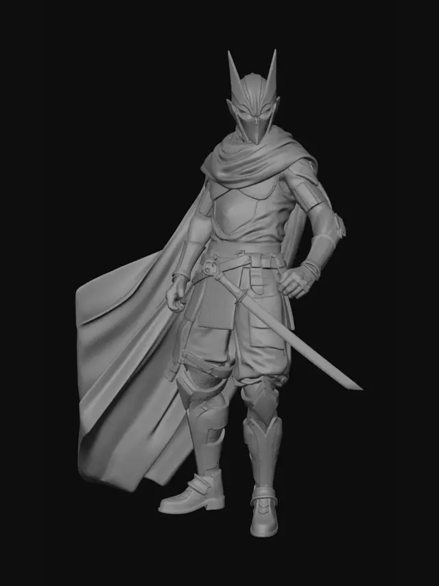 3D model for Full-body 3D cinematic character — cyberpunk ninja warrior in a relaxed, nonchalant model pose, weight slightly shifted, exuding cool confidence. Deep navy and black carbon fiber tactical armor with glowing electric-blue circuit line patterns across chest, arms, and legs. Angular crown-spiked helmet with glowing blue visor eyes. Flowing dark blue cape with circuit traces and a shuriken clasp. Holds a sleek katana loosely in one hand, throwing star in the other. Tactical belt, holsters, glowing blue joint accents. Hyper-realistic AAA game character style, cinematic studio lighting, white background, photorealistic matte carbon fiber and polished metal materials, neon glow bloom effect.