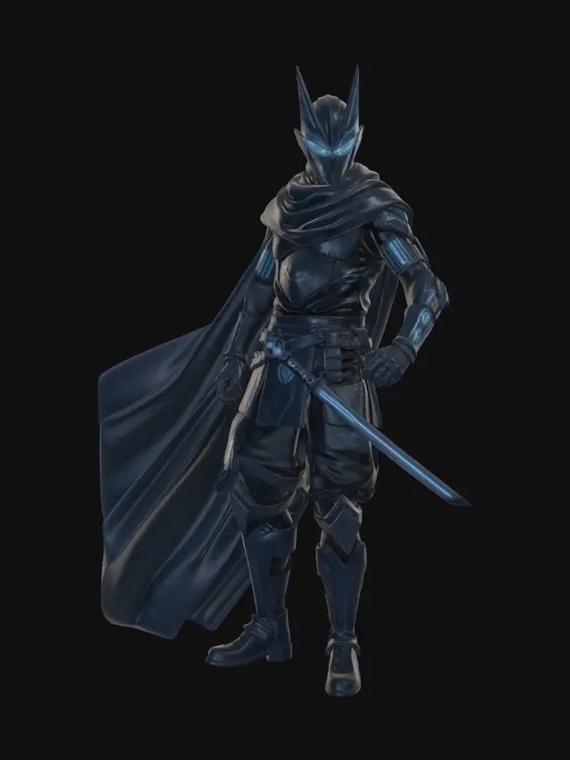 3D model for Full-body 3D cinematic character — cyberpunk ninja warrior in a relaxed, nonchalant model pose, weight slightly shifted, exuding cool confidence. Deep navy and black carbon fiber tactical armor with glowing electric-blue circuit line patterns across chest, arms, and legs. Angular crown-spiked helmet with glowing blue visor eyes. Flowing dark blue cape with circuit traces and a shuriken clasp. Holds a sleek katana loosely in one hand, throwing star in the other. Tactical belt, holsters, glowing blue joint accents. Hyper-realistic AAA game character style, cinematic studio lighting, white background, photorealistic matte carbon fiber and polished metal materials, neon glow bloom effect.