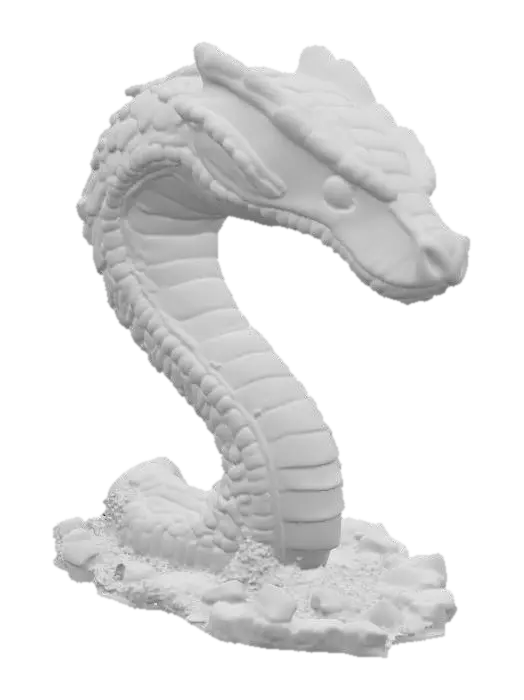 3D model for Giant statue of a cobra head on a pedestal. Intricate details, realistic, imposing, worn, overgrown, moss in the cracks of the statue