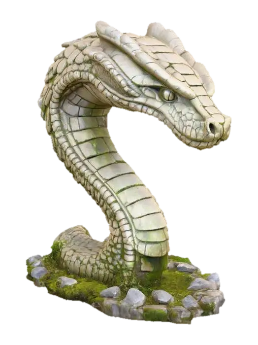 3D model for Giant statue of a cobra head on a pedestal. Intricate details, realistic, imposing, worn, overgrown, moss in the cracks of the statue