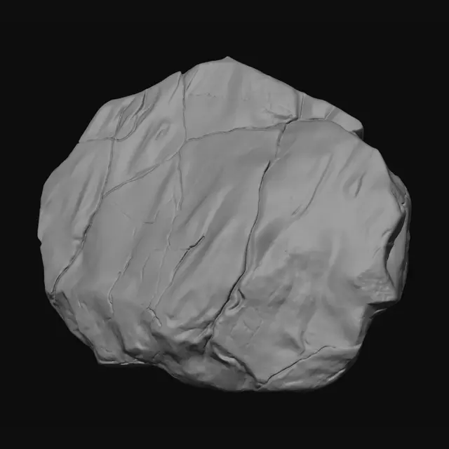 3D model for Large flat jagged boulder, dark thriller aesthetic, prominent liminal space prop, weathered and heavily cracked dark grey stone, desolate atmosphere, 3D game prop, simple sharp shape