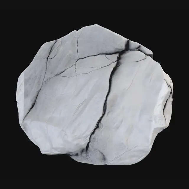 3D model for Large flat jagged boulder, dark thriller aesthetic, prominent liminal space prop, weathered and heavily cracked dark grey stone, desolate atmosphere, 3D game prop, simple sharp shape