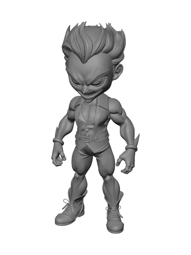 3D model for Heath Ledger, The Joker. Muscular body. Menacing expression. Chibi art style. Well-proportioned. Clearly defined features. Highly detailed. Highly stylized. Walls and features are at least 2mm thick. Bold, recessed features with a depth of at least 2mm. Sharp, clean lines. Embossed features to rise at least 2mm above the surface. DND.