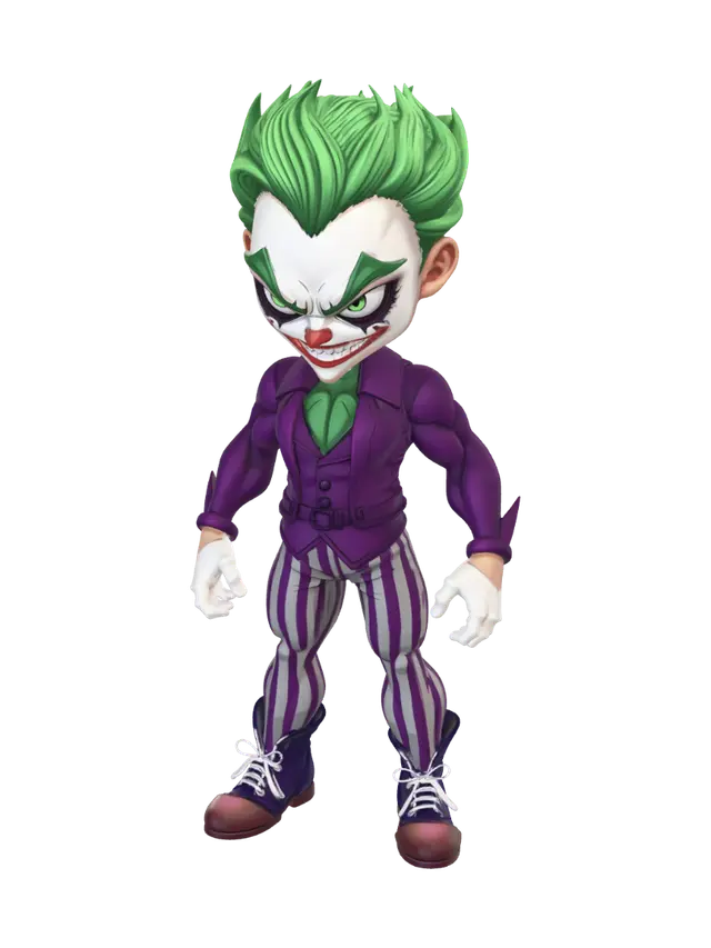 3D model for Heath Ledger, The Joker. Muscular body. Menacing expression. Chibi art style. Well-proportioned. Clearly defined features. Highly detailed. Highly stylized. Walls and features are at least 2mm thick. Bold, recessed features with a depth of at least 2mm. Sharp, clean lines. Embossed features to rise at least 2mm above the surface. DND.