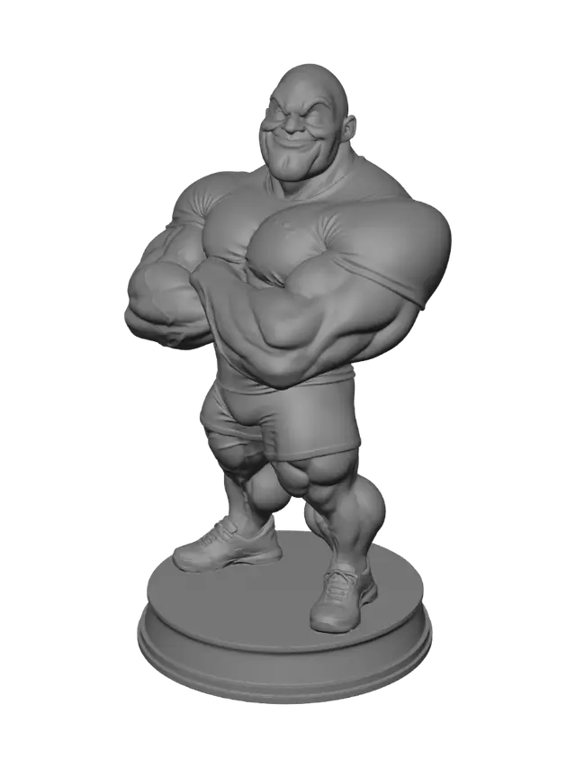3D model for Full body caricature character using the bald man's head from the reference image. Exaggerated cartoon-style bodybuilder physique with massively oversized muscles, huge biceps, thick neck, wide chest. Arms crossed confidently. Standing on a small trophy pedestal/podium. Wearing a black compression shirt. Fun and humorous pose. Red background. Studio lighting. 3D render style, Pixar-like cartoon proportions, clean white-ish background around the pedestal. Full body visible from head to toe.