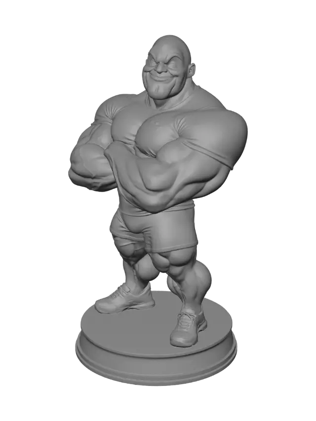 3D model for Full body caricature character using the bald man's head from the reference image. Exaggerated cartoon-style bodybuilder physique with massively oversized muscles, huge biceps, thick neck, wide chest. Arms crossed confidently. Standing on a small trophy pedestal/podium. Wearing a black compression shirt. Fun and humorous pose. Red background. Studio lighting. 3D render style, Pixar-like cartoon proportions, clean white-ish background around the pedestal. Full body visible from head to toe.