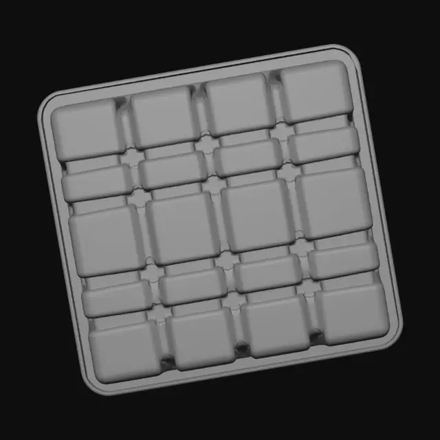 3D model for Ice cube tray with ice cube dimensions being 15 by 30 mm at the bottom by 20 by 40 mm at the top
