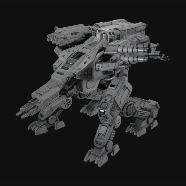 3D model for This detailed 3D model features a heavy combat mech with advanced weaponry, piloted by a soldier. The mech’s rugged, industrial design is equipped with missile pods, massive cannons, and mechanical legs, making it ideal for use in military or sci-fi environments. The realistic textures and intricate components bring depth to the model, perfect for high-action sequences in games, animations, or visual effects projects. The addition of a human pilot adds scale and interaction, enhancing its presence in any battlefield setting.