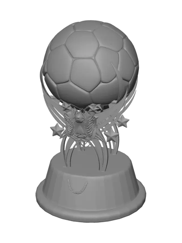 3D model for Design a realistic trophy inspired by the one in the reference images.
Retain the distinctive details of the model (the shape of the sphere, the intricate details of the sphere holder, and the base), but recreate them in a realistic style.
Use simplified shapes, harmonious proportions, and clean lines while preserving the original colors.