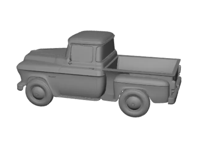 3D model for A stylized 1960s American vintage pickup truck, inspired by classic Chevrolet C10 and Ford F-Series trucks.

Cute semi-realistic proportions, slightly exaggerated shapes, chunky body panels, rounded corners, simplified forms.

Weathered old farm truck that has been sitting for many years. Slight dents, worn edges, faded paint, subtle rust patches, dirty surfaces, but still structurally intact.

Large rounded front fenders, wide chrome grille, circular headlights, thick chrome bumper with bumper guards, simple hood with soft panel lines, one-piece curved windshield, classic side mirrors.

Game-ready stylized asset for a cozy cleaning and restoration simulator.

Low-poly to mid-poly (20k–35k triangles), clean topology, smooth subdivision-friendly surfaces.