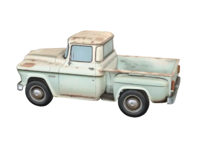 3D model for A stylized 1960s American vintage pickup truck, inspired by classic Chevrolet C10 and Ford F-Series trucks.

Cute semi-realistic proportions, slightly exaggerated shapes, chunky body panels, rounded corners, simplified forms.

Weathered old farm truck that has been sitting for many years. Slight dents, worn edges, faded paint, subtle rust patches, dirty surfaces, but still structurally intact.

Large rounded front fenders, wide chrome grille, circular headlights, thick chrome bumper with bumper guards, simple hood with soft panel lines, one-piece curved windshield, classic side mirrors.

Game-ready stylized asset for a cozy cleaning and restoration simulator.

Low-poly to mid-poly (20k–35k triangles), clean topology, smooth subdivision-friendly surfaces.