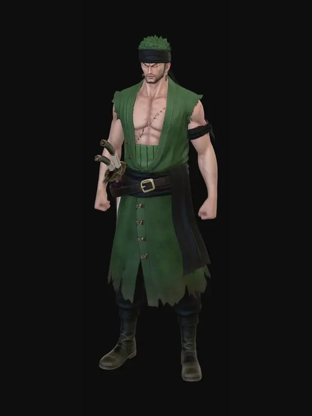3D model for Create an image of the character zoro from one piece. I want all the views. Make sure the it captures all the details and the character be original.