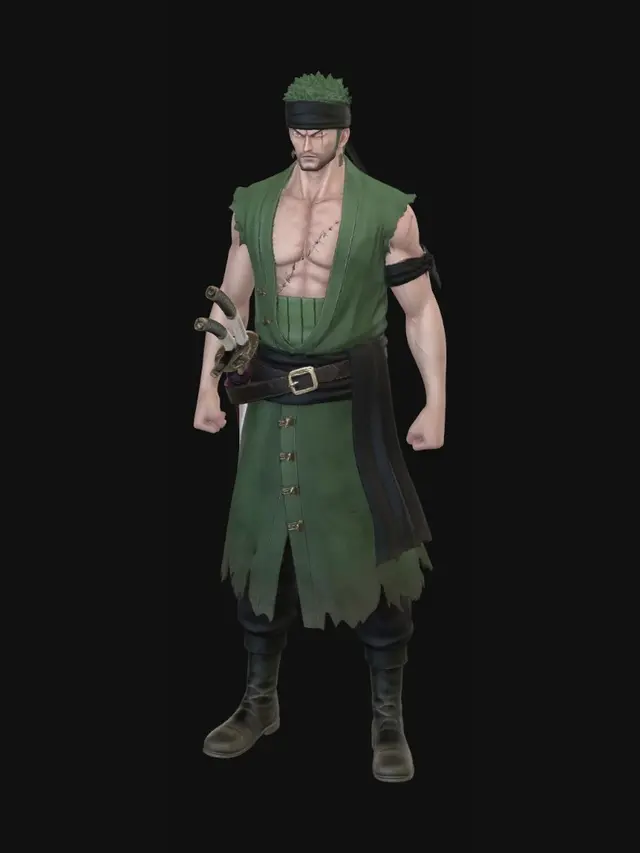 3D model for Create an image of the character zoro from one piece. I want all the views. Make sure the it captures all the details and the character be original.