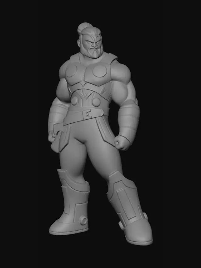 3D model for remove the hammer from over his shoulder and make where the white is on his chest covered over with a brestplate that covers the pectorals only , keep exact to reference and have him still wearing his top underneath. Exact to reference.