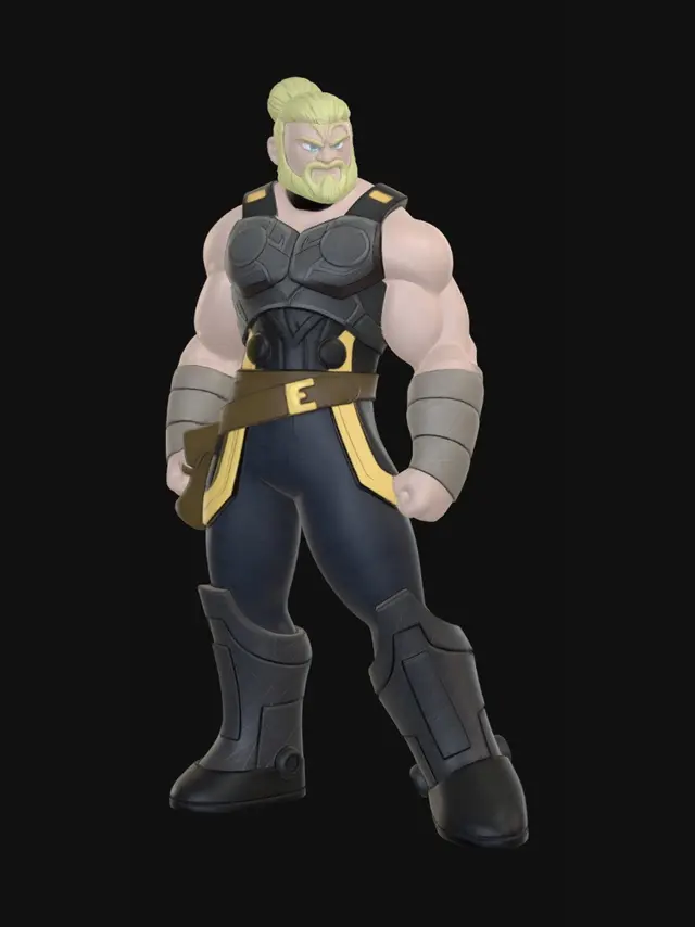 3D model for remove the hammer from over his shoulder and make where the white is on his chest covered over with a brestplate that covers the pectorals only , keep exact to reference and have him still wearing his top underneath. Exact to reference.