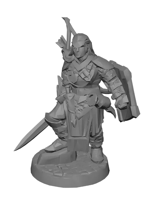 3D model for Clearify this character in a miniature game piece style with white and red cloth and silver armor caucasian. Exact to reference image.Wooden shield and bow/ metal sword.