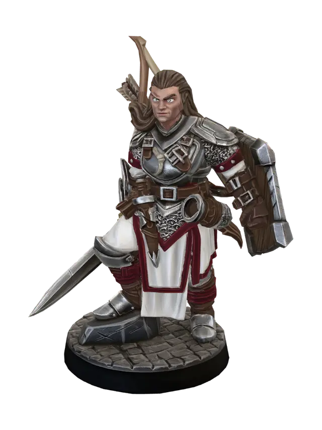 3D model for Clearify this character in a miniature game piece style with white and red cloth and silver armor caucasian. Exact to reference image.Wooden shield and bow/ metal sword.