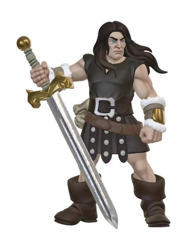 3D model for put darker brown boots on him and, the wrist bracers from the second image. Keep him without a base like the first prompt image, remove the armor from his chest and being supported by the belt. and also give him long dark brown hair.