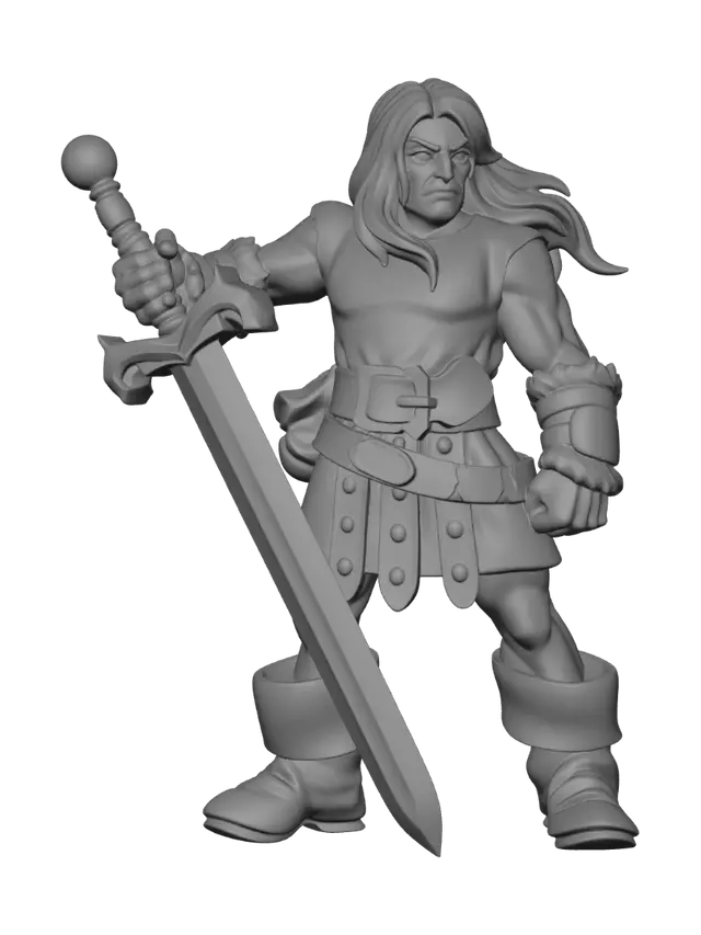 3D model for put darker brown boots on him and, the wrist bracers from the second image. Keep him without a base like the first prompt image, remove the armor from his chest and being supported by the belt. and also give him long dark brown hair.