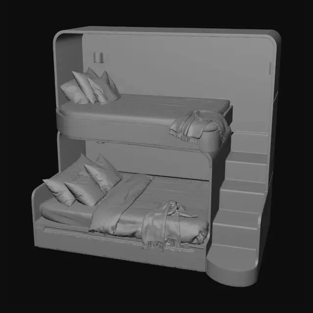 3D model for Curved Wooden Bunk Bed with Integrated Staircase