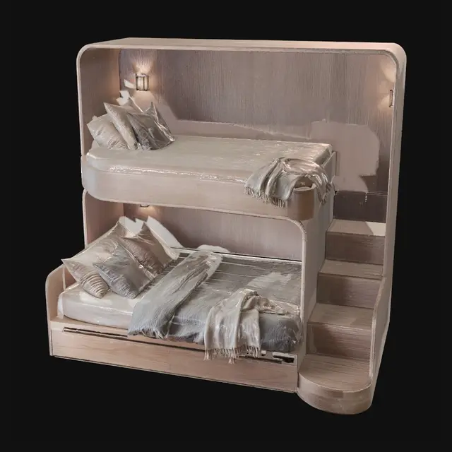 3D model for Curved Wooden Bunk Bed with Integrated Staircase
