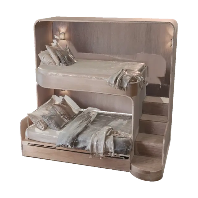 3D model for Curved Wooden Bunk Bed with Integrated Staircase