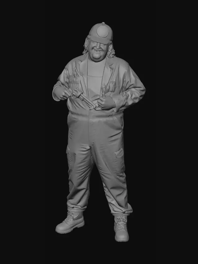 3D model for Smiling mechanic in navy coveralls holding a revolver