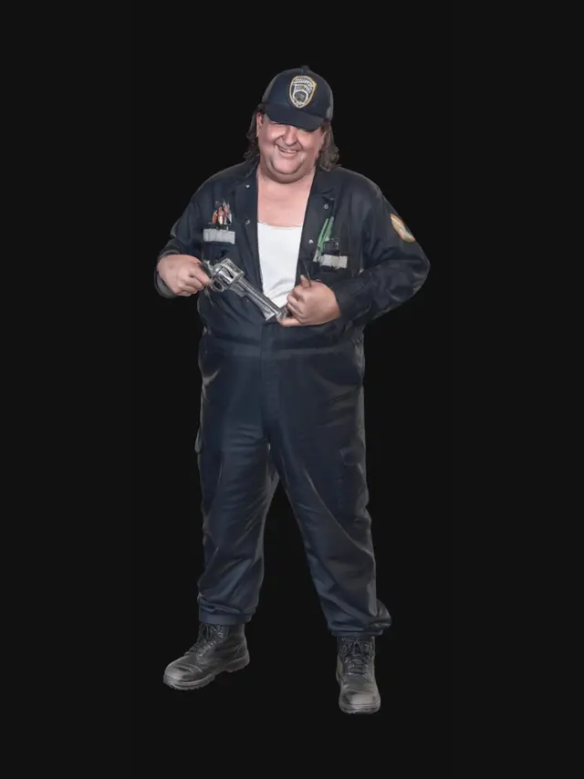 3D model for Smiling mechanic in navy coveralls holding a revolver