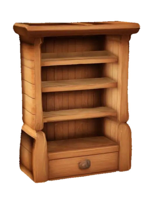 Empty wooden Bookshelf in a toon/anime style 3D model, vytvořený pomocí AI