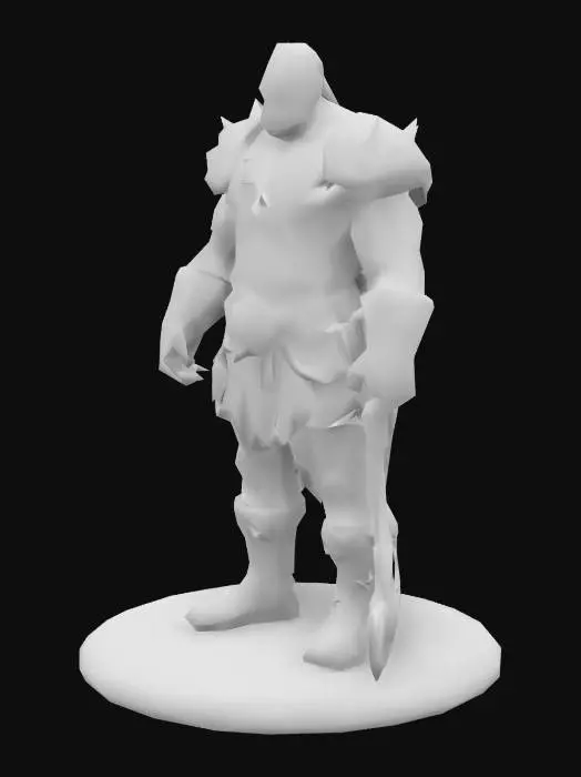 3D model for 32mm scale miniature of a half-orc barbarian with punk aesthetics, standing on a textured round base. He has a short warrior-cut hairstyle like Tyler Durden, a mean yet kind expression, and a muscular build. He wears a studded leather jacket over chainmail, spiked bracers, torn cloth wraps, and heavy boots. He wields a battle-worn greataxe in one hand, standing in an aggressive pose. The model has detailed textures, scars, and worn armor, optimized for 3D printing