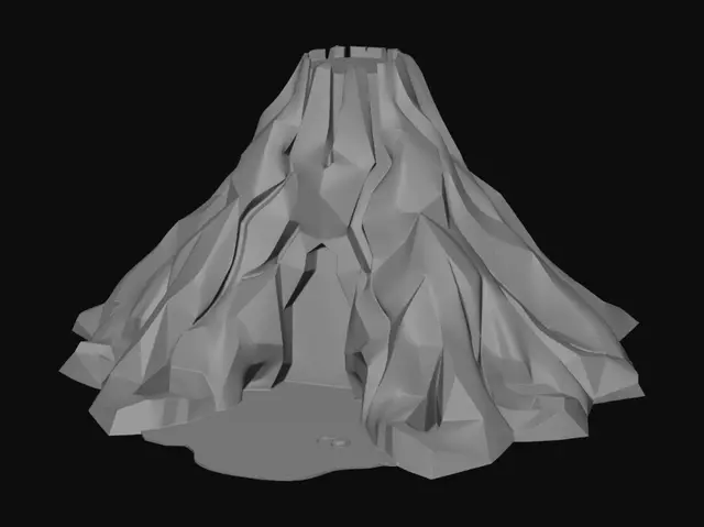 3D model for Create a stylized low-poly volcano for a Roblox game map. Minimalist design, clean geometry, smooth polygon shapes, game-ready asset. Medium-sized volcanic mountain with bright glowing lava flowing down the sides. No smoke, no ash clouds, no fire particles, no eruption. Simple rocky surface with dark volcanic stone materials. Optimized for Roblox, cartoon-style, low detail, low-poly aesthetic, centered model, isolated asset, high-quality 3D render, clean topology, suitable for children-friendly adventure games. The volcano should look natural but simple, with lava being the main visual focus. No surrounding environment, no trees, no ground plane, transparent background.